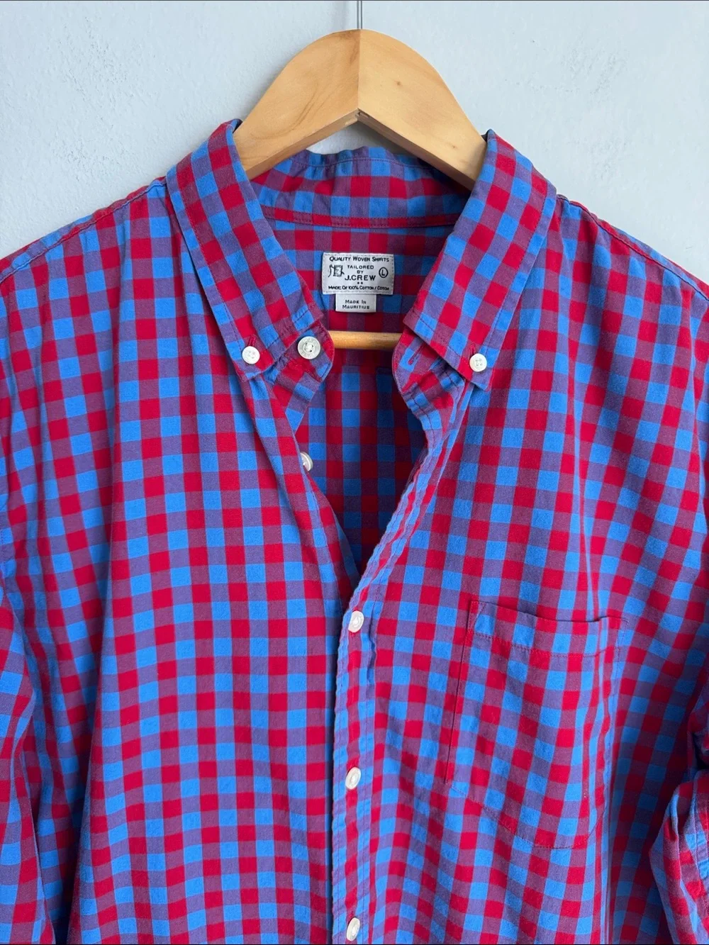 J.Crew Tailored Gingham Check Button Down Shirt Red Blue 100% Cotton Size L